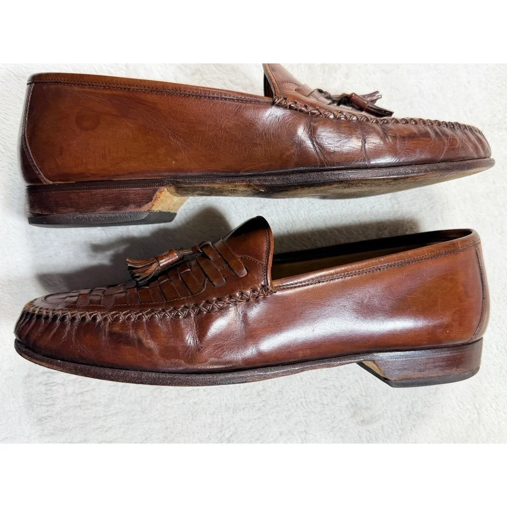 VTG Johnston & Murphy Italy Woven Leather Tassel Loafers Mens SZ 9 M Cognac